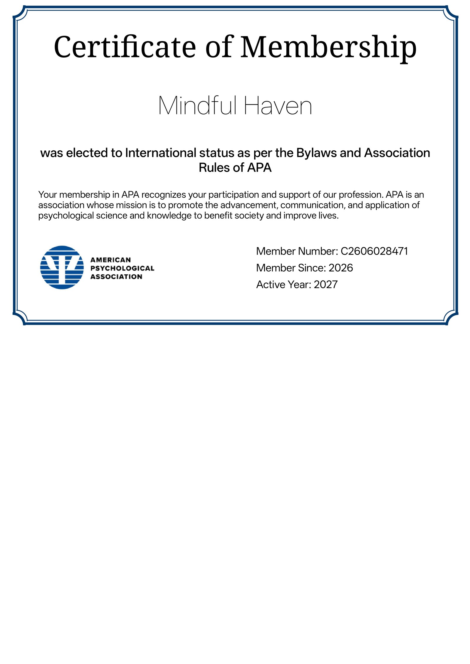 Mindful Haven Certificate